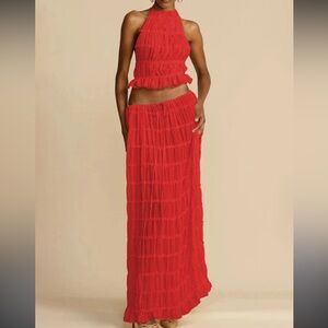 Elegant Red Crinkle Top and Maxi Skirt Set